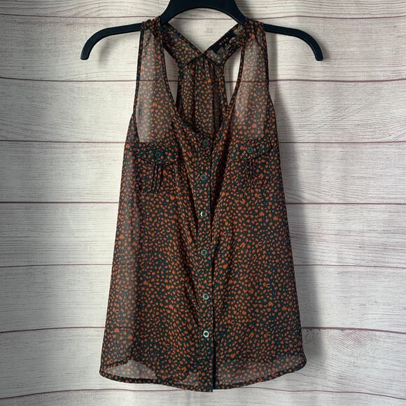 Mine Black and Brown Sheer Racerback Tank Top Button Up Front Pockets Size S - Picture 1 of 14
